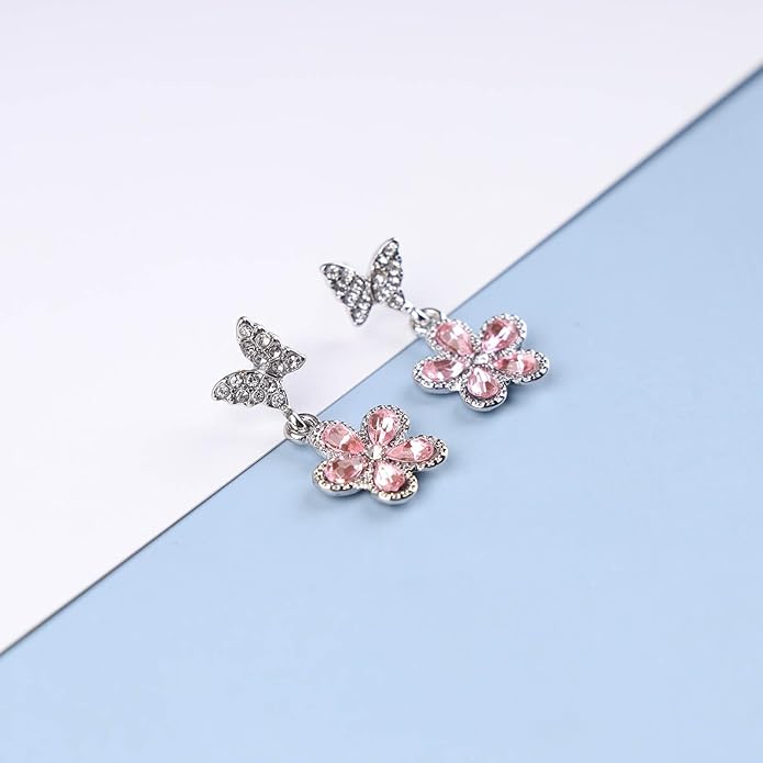 Vintage Pink Crystal Flower Earrings Butterfly