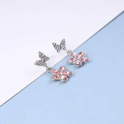 Vintage Pink Crystal Flower Earrings Butterfly