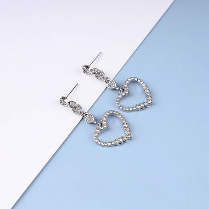 Vintage Rhinestone Heart Dangle Earrings Long