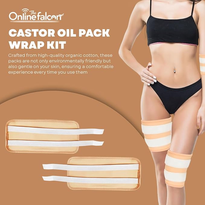 Castor Oil Pack Wrap Kit, 2 Pcs Organic Cotton, Adjustable Strap for Neck, Waist, Chest, Knee, Reusable, Washable - Detox, Constipation, Inflammation (Black)