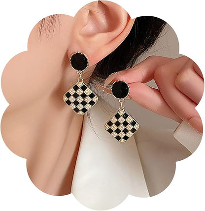 Vintage Black White Checkered Earrings Geometric