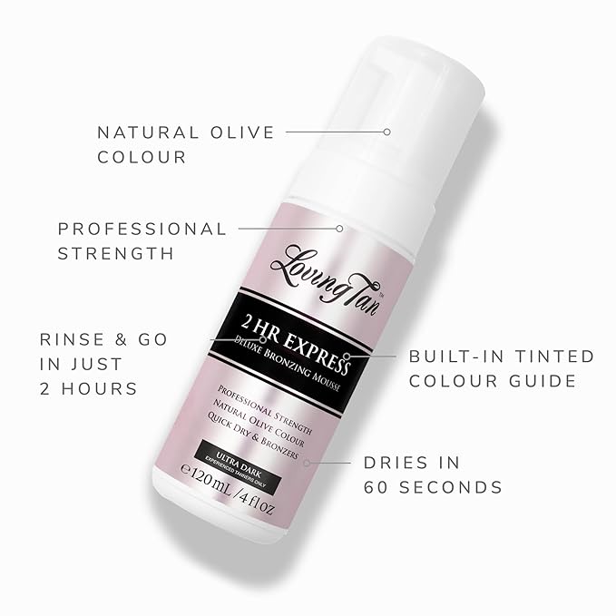 Loving Tan 2 HR Express Mousse, Ultra Dark- Streak Free, Natural looking, Professional Strength Sunless Tanner - Up to 5 Self Tan Applications per Bottle, Cruelty Free, Naturally Derived DHA - 4 FL Oz