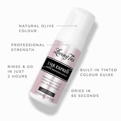 Loving Tan 2 HR Express Mousse, Ultra Dark- Streak Free, Natural looking, Professional Strength Sunless Tanner - Up to 5 Self Tan Applications per Bottle, Cruelty Free, Naturally Derived DHA - 4 FL Oz
