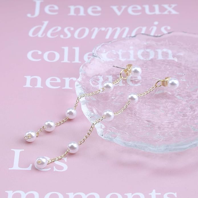 Boho Pearl Drop Earrings Long Pearl Tassel Earrings