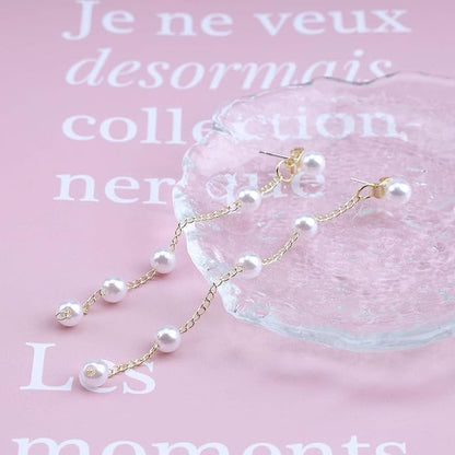 Boho Pearl Drop Earrings Long Pearl Tassel Earrings