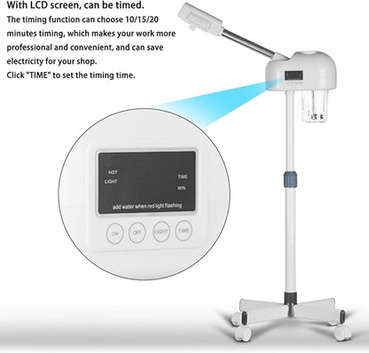 Stand Ozone Professional Facial Steamer with Digital Display, Adjustable Height & Rolling Base, Timer Function, 360° Rotatable Nozzle, Hot Mist Function, Use for Home, Salon SPA (White)