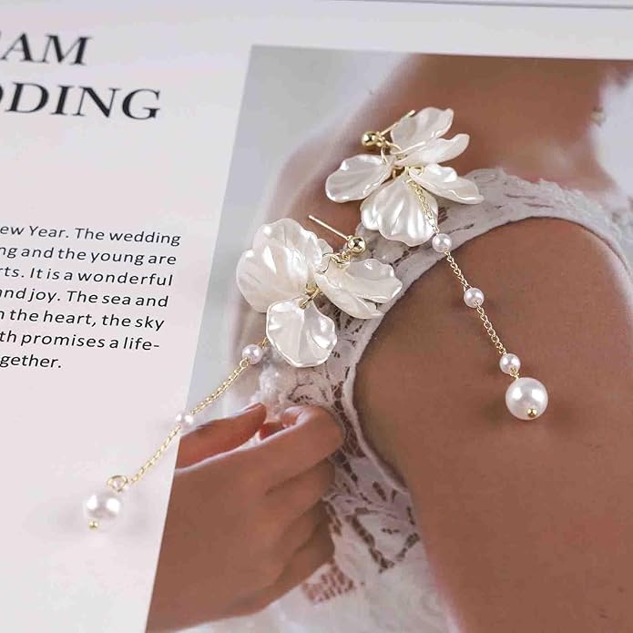 Vintage Pearl Flower Drop Earrings Long