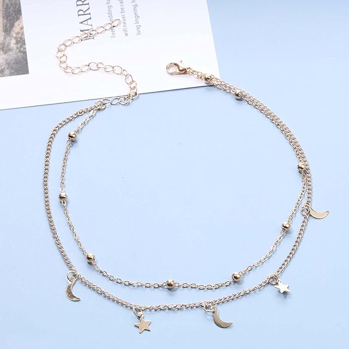 Boho Star Moon Necklace Choker Gold
