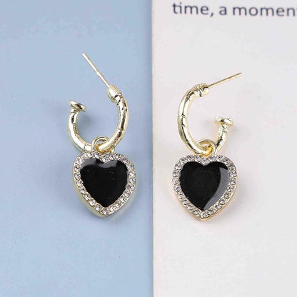Vintage Crystal Heart Drop Earrings Black Heart Onyx