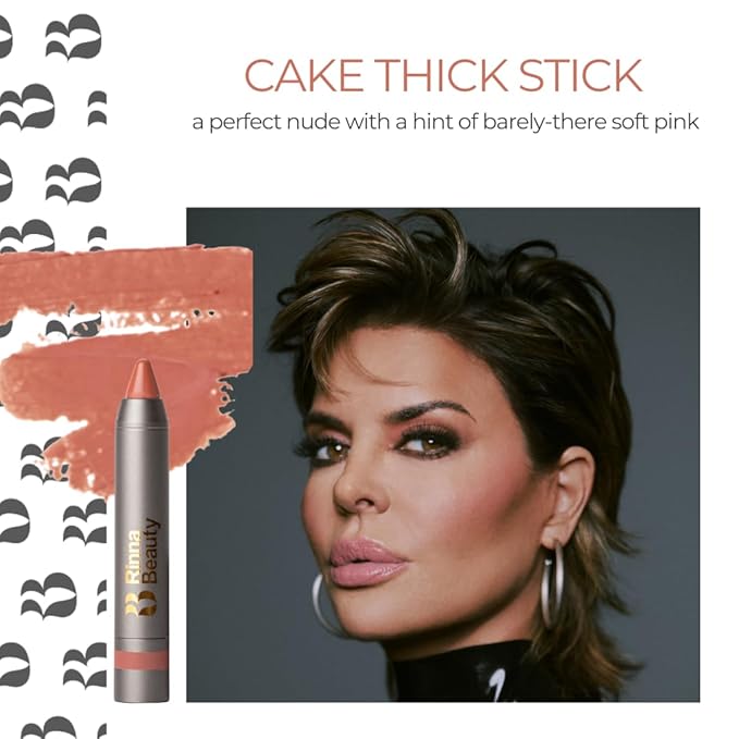 Rinna Beauty Thick Stick Lip Crayon - Cake - Long Lasting Lipstick, Moisturizing Creamy Formula w/Hydrating Oils & Extracts, Built-In Sharpener, Vegan, Cruelty Free, Sulfate Free, Gluten Free, 1 ea