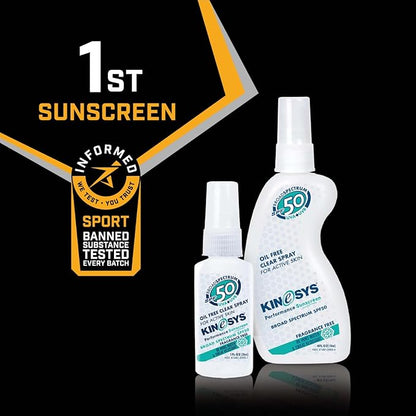 KINeSYS Fragrance Free Clear Spray Sunscreen for sensitive skin, SPF 50, Hypoallergenic, Broad Spectrum UVA/UVB protection Face & Body; PABA and Oxybenzone FREE, 170+ Sprays, 1 Fl Oz/30 ml (Pack of 2)