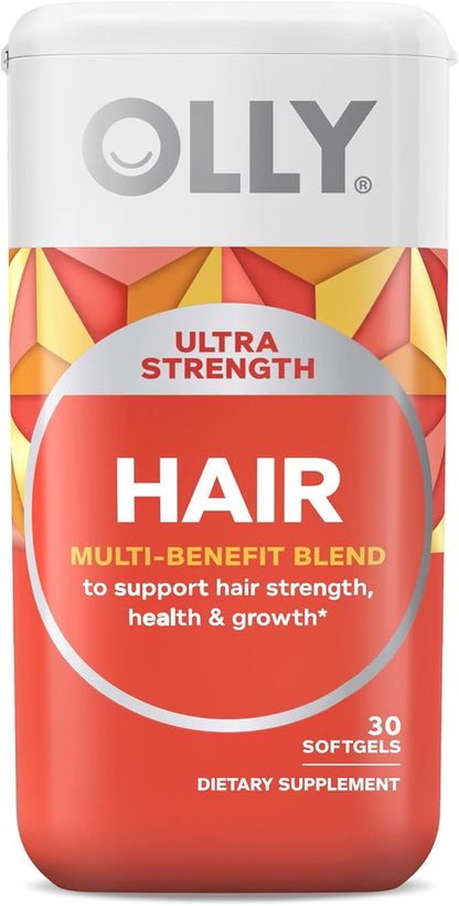 OLLY Ultra Strength Hair Softgels, Supports Hair Health, Biotin, Keratin, Vitamin D, B12 & Ultra Strength Goodbye Stress Softgels, GABA, Ashwagandha, L-Theanine and Lemon Balm