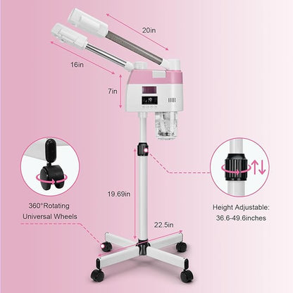 Professional Facial Steamer,2 in 1 Facial Steamers with Hot&Cool Mist, Height Adjustable Face Steamer, Pink Esthetician Steamer for Home Salon Spa