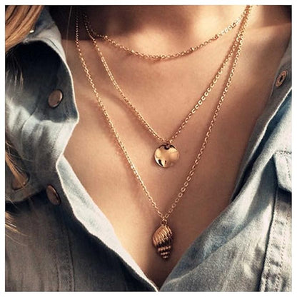 Bohemia Layered Seashell Necklace Choker Gold Coin Disc