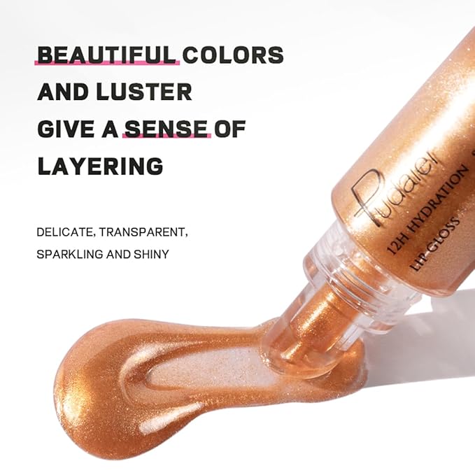 AKARY Shimmery Glitter Lip Gloss, Tinted Hydrating Waterproof Long Lasting Liquid Lipstick for Lip Plumper Makeup with Jojoba Seed OilRosa, Sparkle Lipstick Moisturizing High Shine Lip Glow Stain, 01