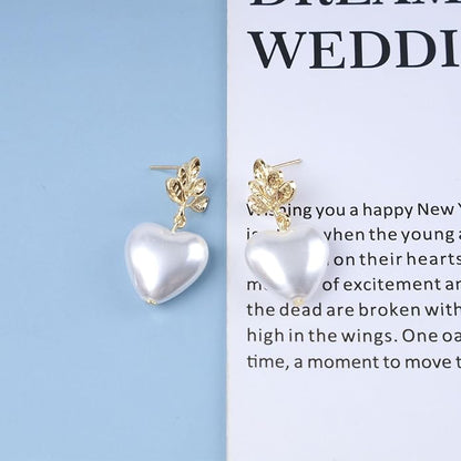 Vintage Pearl Heart Drop Earrings Gold