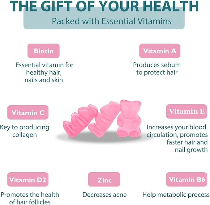 Biotin Gummies, Supports Healthy Hair, Skin & Nails, Vegan Vitamins for Women & Men, Supports Hair Growth and Stronger Nails,Healthy Skin, 30 Day Supply