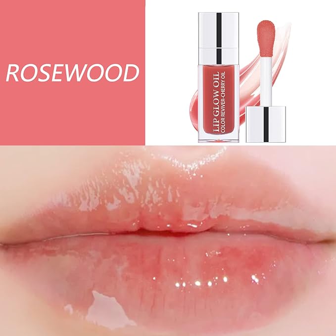 Plumping Lip Oil, Hydrating Lip Gloss Tinted Lip Balm Transparent Lip Care, Big Brush Head Glitter Shine, Long Lasting Nourishing Non-sticky Fresh Texture Cherry+Rosewood
