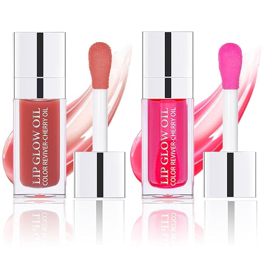 Plumping Lip Oil, Hydrating Lip Gloss Tinted Lip Balm Transparent Lip Care, Big Brush Head Glitter Shine, Long Lasting Nourishing Non-sticky Fresh Texture Cherry+Rosewood