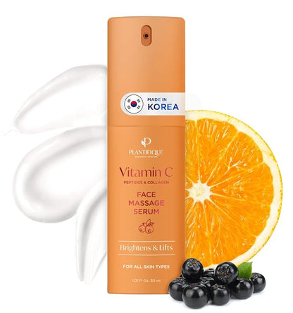 PLANTIFIQUE Korean Vitamin C Face Massage Serum and Gold Under Eye Patches for Puffy Eyes and Dark Circles 5 Pairs