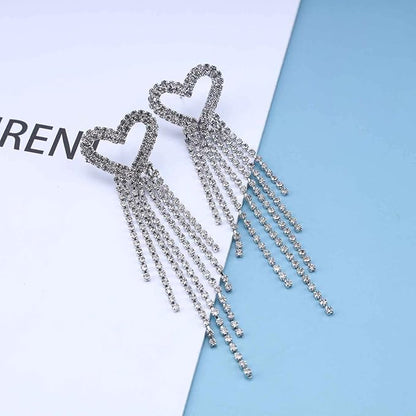 Boho Rhinestone Heart Tassel Earrings Long Tassel Chain