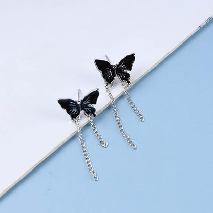 Vintage Butterfly Stud Earrings Silver Chain