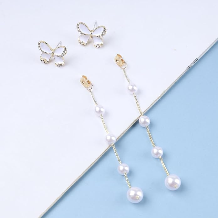 Vintage Butterfly Pearl Drop Earrings Gold Pearl Chain