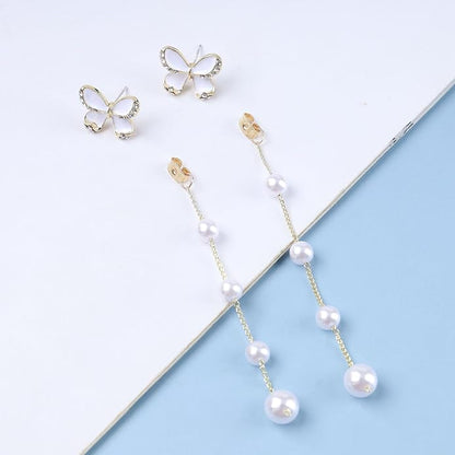 Vintage Butterfly Pearl Drop Earrings Gold Pearl Chain