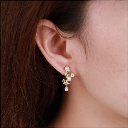 Vintage Pearl Star Earrings Rhinestone Pearl Drop Earrings