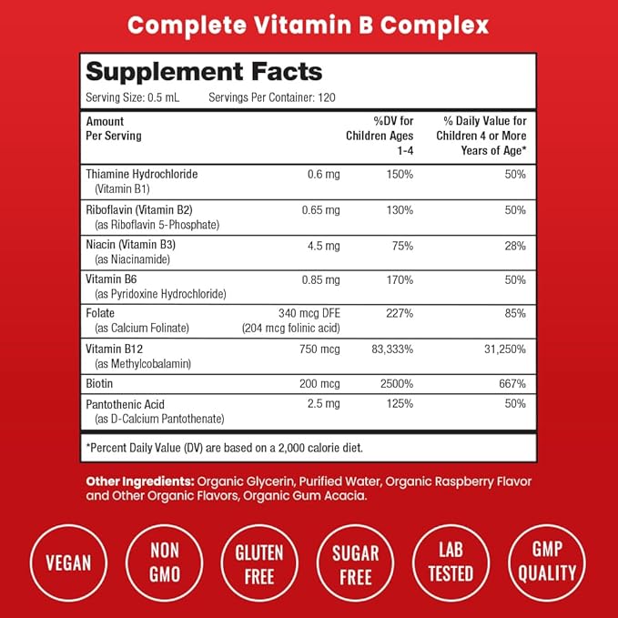 NutraChamps Vitamin B Complex for Kids, B1, B2, B3, B6, B7, B9 & Methyl B12, Kids B Complex Liquid Drops Supplement, Energy, Focus, Metabolism, Natural Berry, 120 Servings, 4 Month Supply