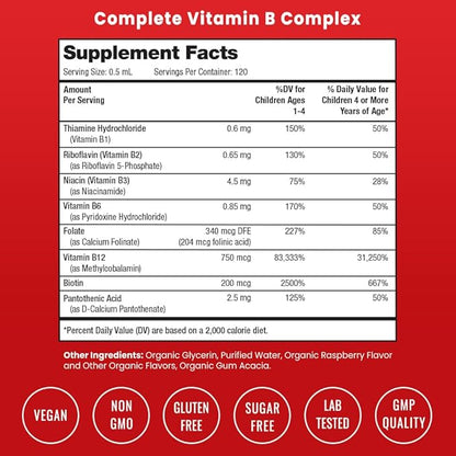 NutraChamps Vitamin B Complex for Kids, B1, B2, B3, B6, B7, B9 & Methyl B12, Kids B Complex Liquid Drops Supplement, Energy, Focus, Metabolism, Natural Berry, 120 Servings, 4 Month Supply