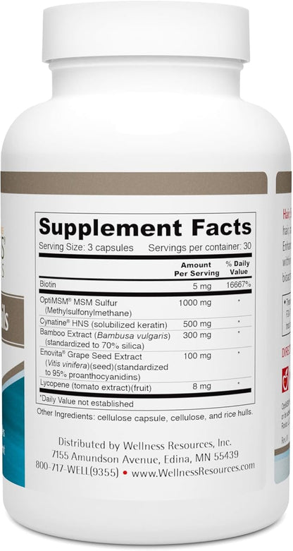 Wellness Resources Hair, Skin & Nails with Biotin, Cynatine HNS Keratin, OptiMSM, Bamboo & Grape Seed Extract – Supplement for Stronger Nails, Healthier Hair & Youthful Skin (90 Capsules)
