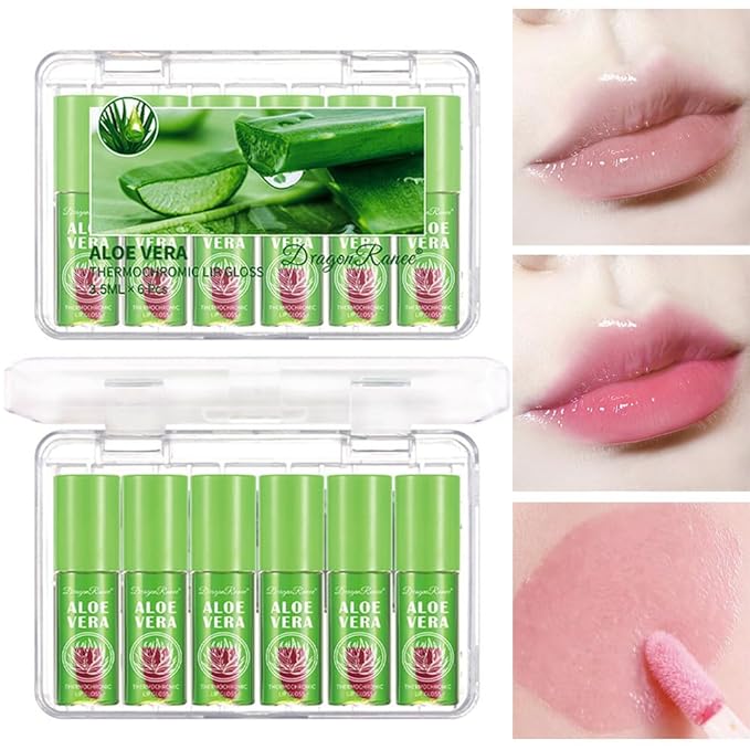 6 Pcs Aloe Vera Color Changing Lip Oil, Hydrating Plumping Lip Glow Oil, Magic Color Changing Lip Gloss,Long Lasting Tinted Lip Balm Temperature Color Change Lip Tint Glossly Makeup Set for Women
