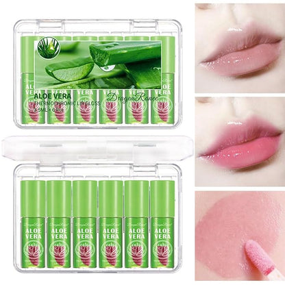 6 Pcs Aloe Vera Color Changing Lip Oil, Hydrating Plumping Lip Glow Oil, Magic Color Changing Lip Gloss,Long Lasting Tinted Lip Balm Temperature Color Change Lip Tint Glossly Makeup Set for Women
