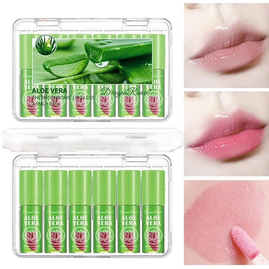 6 Pcs Aloe Vera Color Changing Lip Oil, Hydrating Plumping Lip Glow Oil, Magic Color Changing Lip Gloss,Long Lasting Tinted Lip Balm Temperature Color Change Lip Tint Glossly Makeup Set for Women