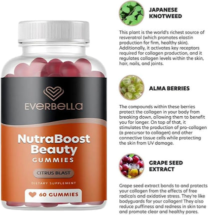 Nutraboost Beauty Gummies, Vegan Collagen Booster, Biotin, Skin Hair and Nails, Vitamin A, E, C, Citrus Flavor, 30 Day Supply, Sugar-free