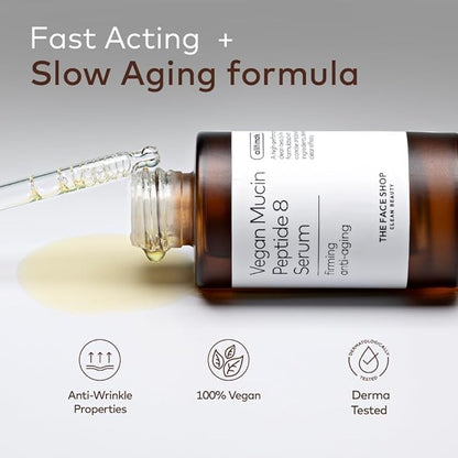 The Face Shop 8 Peptide Serum, Vegan Mucin for Hydrating & Firming, Anti Aging Serum for All Skin Types, Korean Skin Care, 30ml/1.01 fl. oz