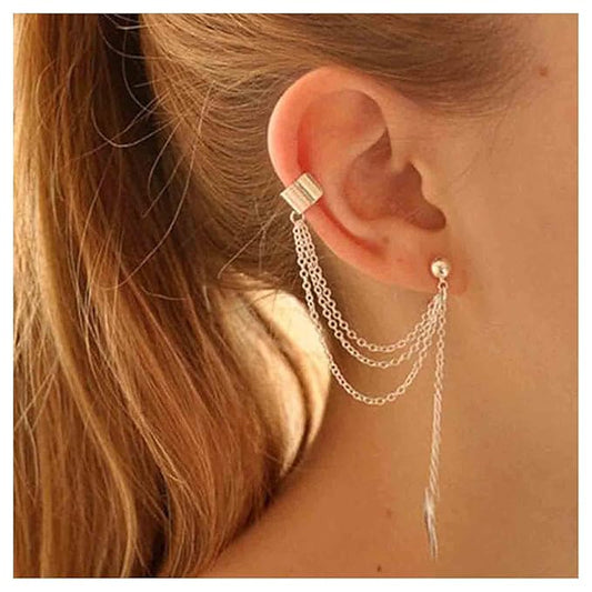 Boho Leaf Cuff Chain Earrings Silver