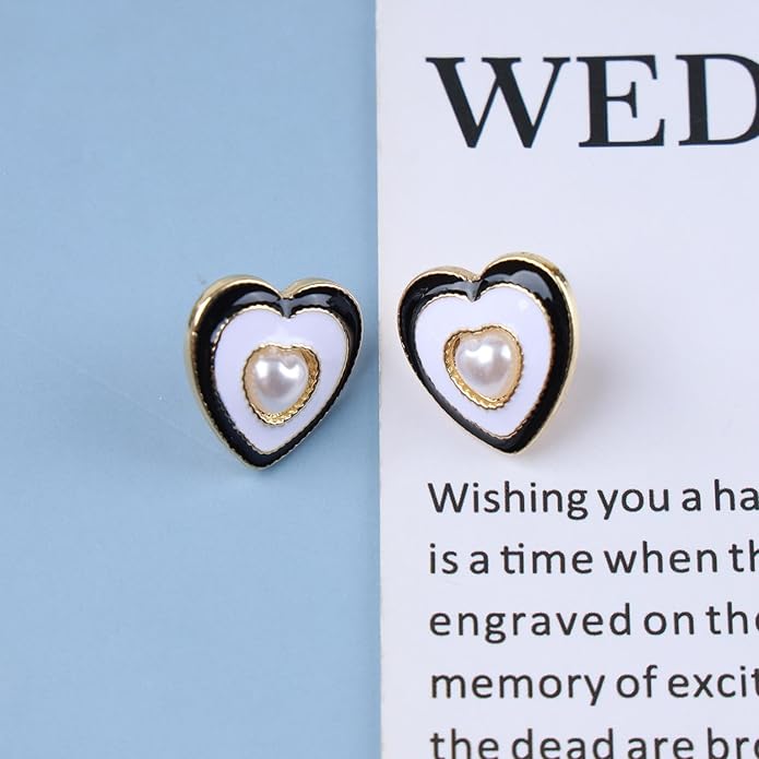 Vintage Pearl Heart Stud Earrings Enamel Heart Earrings
