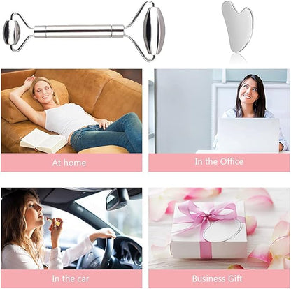 Gua Sha Facial Tools Stainless Steel Face Roller and Gua Sha Set for Puffiness and Skin Care Routine,Lymphatic Drainage, Facial Tension