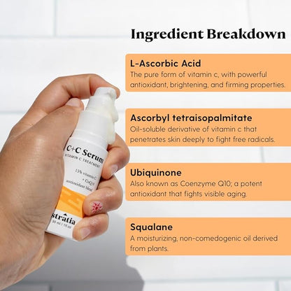 Stratia C+C Vitamin C Serum – 15% Potent Formula with 10% L-Ascorbic Acid for Bright, Even-Toned Skin - Non-Irritating, Water-Free Antioxidant Face Cream, 1 Fl Oz