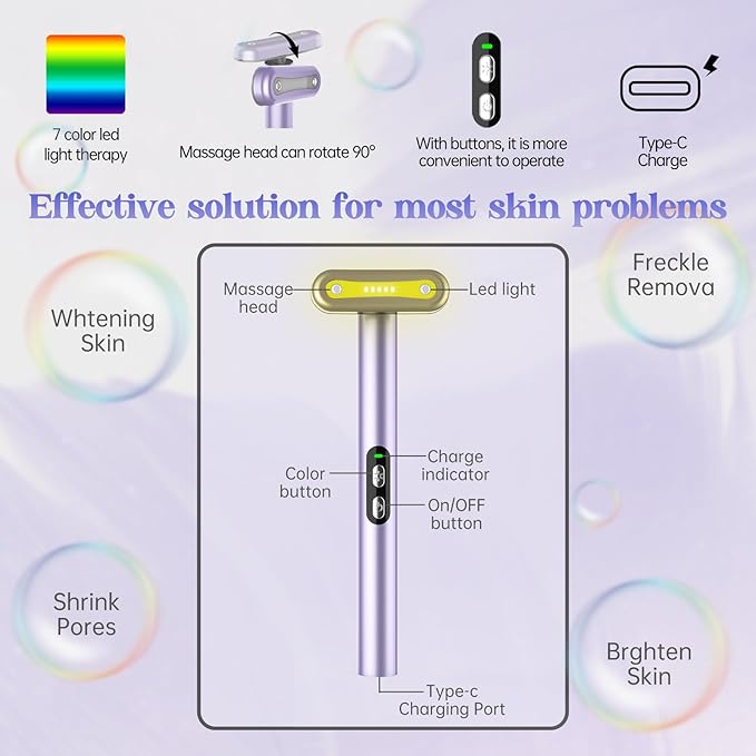 Light-Therapy-Wand, Red Light Therapy for Face and Neck Facial Wand 7 in 1 Led Beauty Wand Red & Blue Rejuvenation Face & Eye Massager Skincare Tool