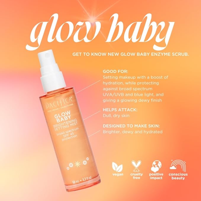 Pacifica Beauty Glow Baby Brightening Setting Mist, Broad Spectrum SPF 45, Makeup Setting Spray, UVA/UVB Protection, Blue Light Protection, Facial Mist, Suncare, Skin Care, Vegan, 1.7 fl oz (1 Count)