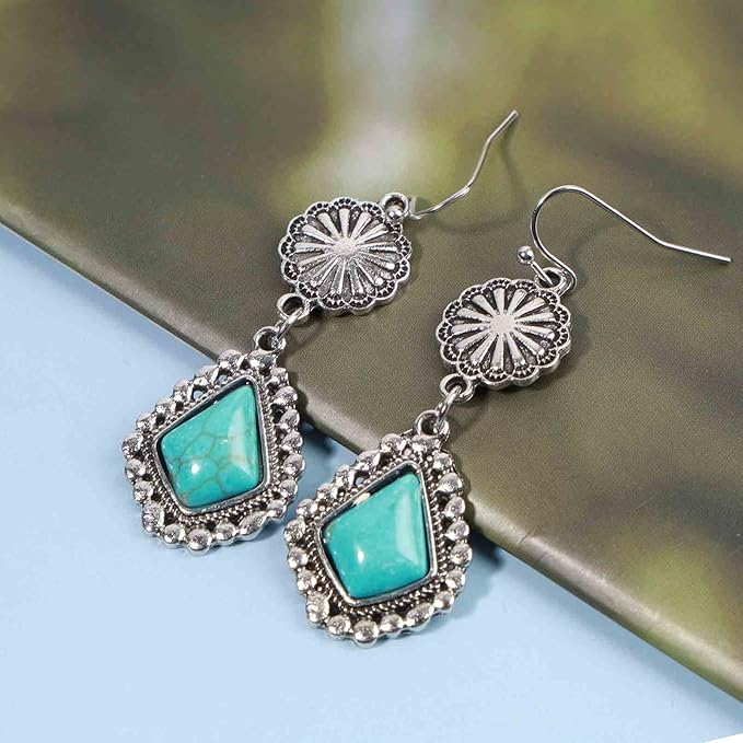 Boho Oval Turquoise Earrings Silver Circle Dangle Drop