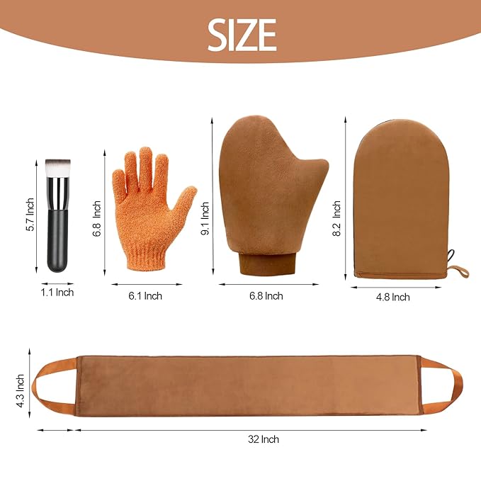UNIMEIX 5 Pack Self Tanning Mitt Applicator Kit Set Self Tan Back Applicator with Self Tanning Glove for Self Tan Mitt Mini Self Tan Glove and Sunscreen Brush (Brown)
