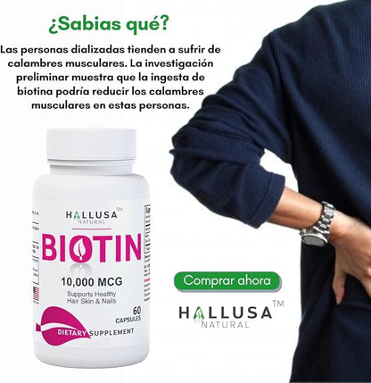 Suplemento de biotina - Pastillas para la caída del Cabello - Crecimiento del Cabello – Crecimiento de la Barba - Alopecia y calvicie - BIOTIN 10.000 MCG 60 CAPSULAS