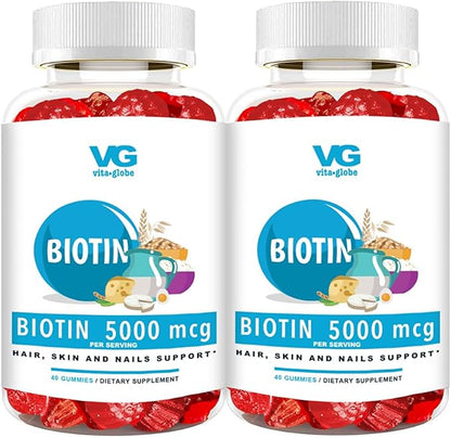 VitaGlobe Biotin 5000mcg Gummy - Mixed Berry Gummy for Hair, Skin & Nails, 80 Count (Pack of 2)