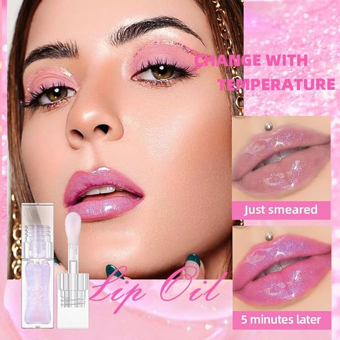 2Pcs Color Changing Lip Oil, Magic Color Changing Lip Glow Oil with Big Brush, Moisturizing and Non-sticky Lip Gloss Plumping Lip Oil (2, Pink + Magic Black)