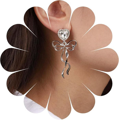 Vintage Crystal Bow Dangle Earrings Rhinestone