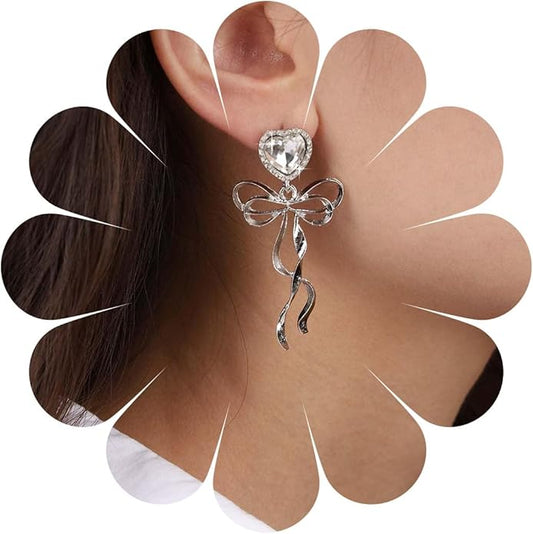 Vintage Crystal Bow Dangle Earrings Rhinestone